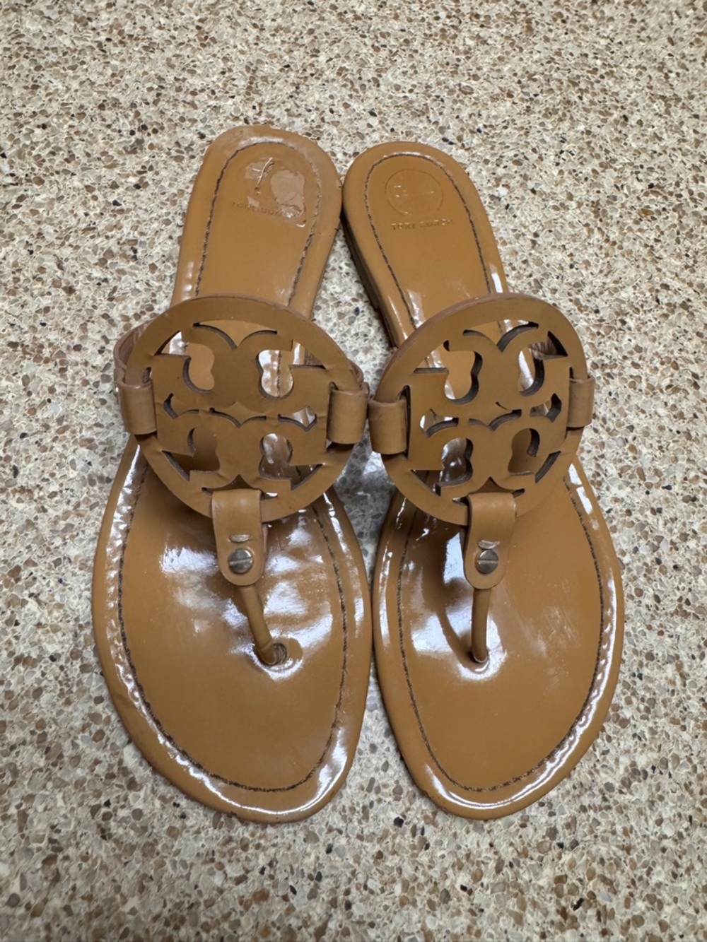 Tory Burch Miller Cognac Tan Logo Cutout Thong Sandals